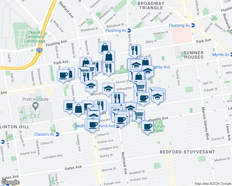 map of restaurants, bars, coffee shops, grocery stores, and more near 177 Nostrand Avenue in Brooklyn