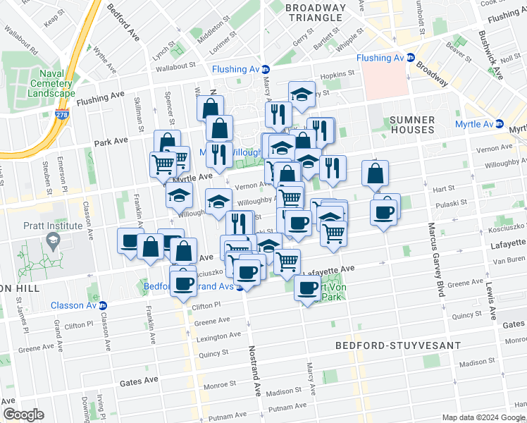 map of restaurants, bars, coffee shops, grocery stores, and more near 51 Hart Street in Brooklyn