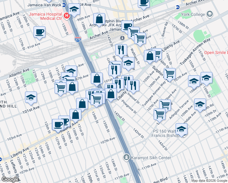 map of restaurants, bars, coffee shops, grocery stores, and more near 138-35 Lloyd Road in Queens
