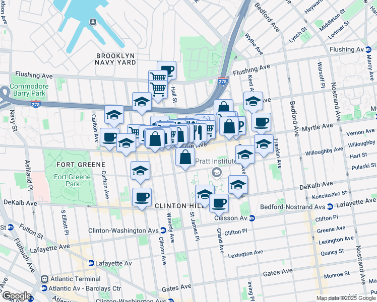map of restaurants, bars, coffee shops, grocery stores, and more near 490 Myrtle Avenue in Brooklyn
