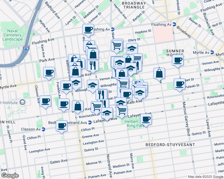 map of restaurants, bars, coffee shops, grocery stores, and more near 53 Hart Street in Brooklyn
