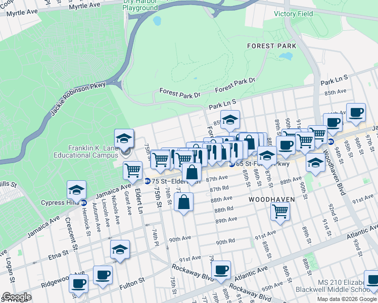 map of restaurants, bars, coffee shops, grocery stores, and more near 86-09 79th Street in Queens