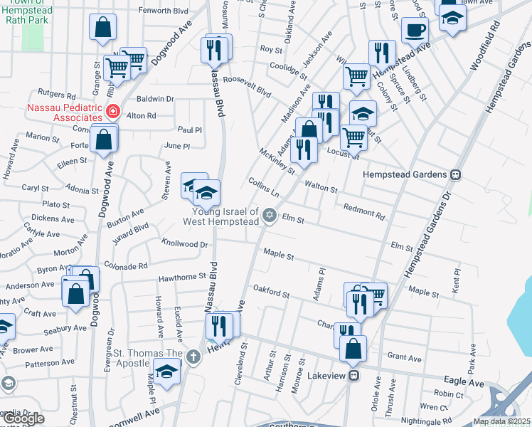 map of restaurants, bars, coffee shops, grocery stores, and more near 609 Hempstead Avenue in West Hempstead
