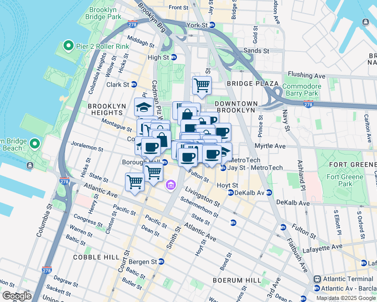 map of restaurants, bars, coffee shops, grocery stores, and more near 339 Adams Street in Brooklyn