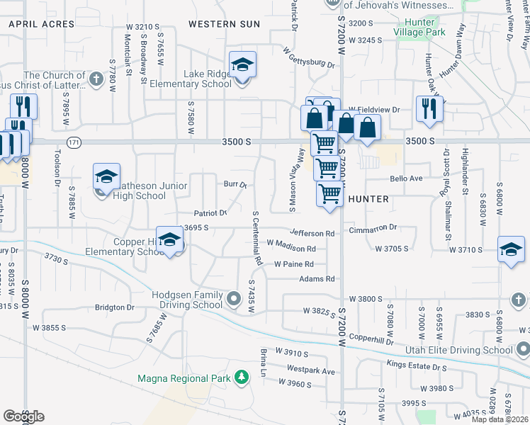 map of restaurants, bars, coffee shops, grocery stores, and more near 3634 Candis Drive in Magna