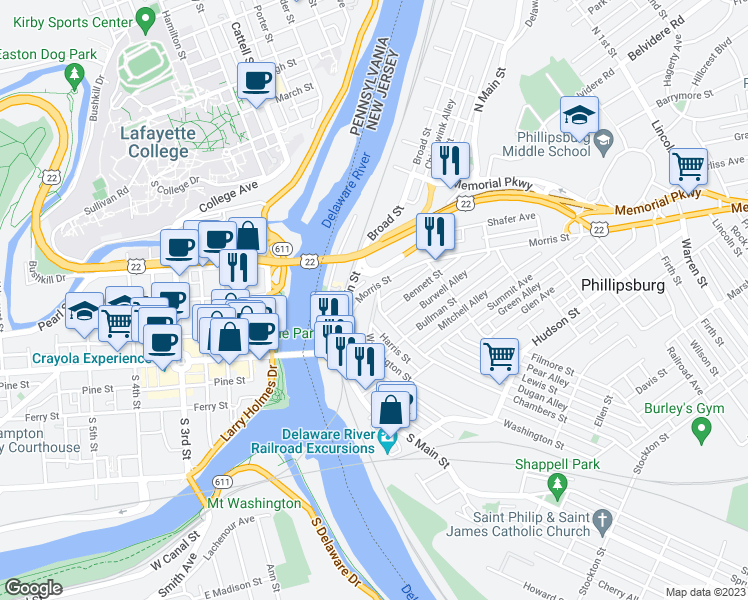 map of restaurants, bars, coffee shops, grocery stores, and more near 1 Fairview Heights in Phillipsburg