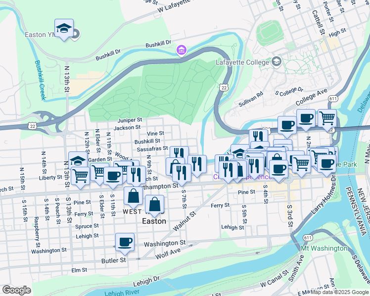 map of restaurants, bars, coffee shops, grocery stores, and more near 673 Sassafras Street in Easton