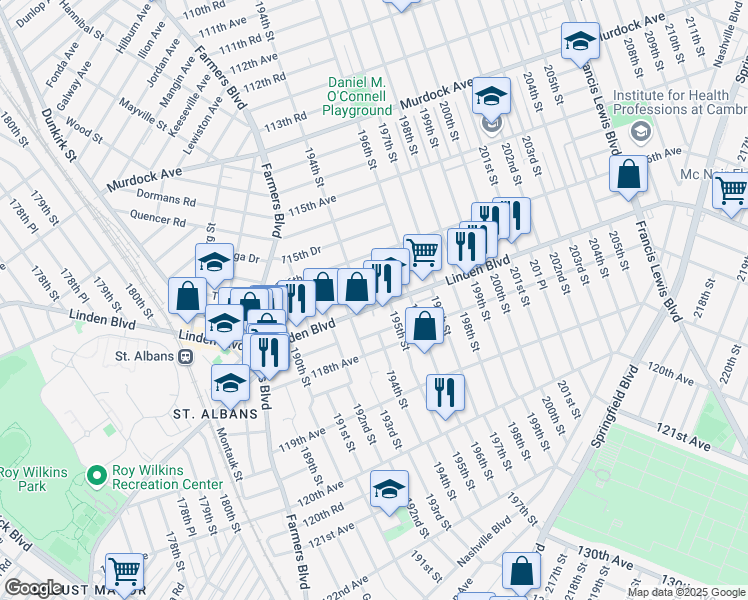 map of restaurants, bars, coffee shops, grocery stores, and more near 11637 194th Street in Queens
