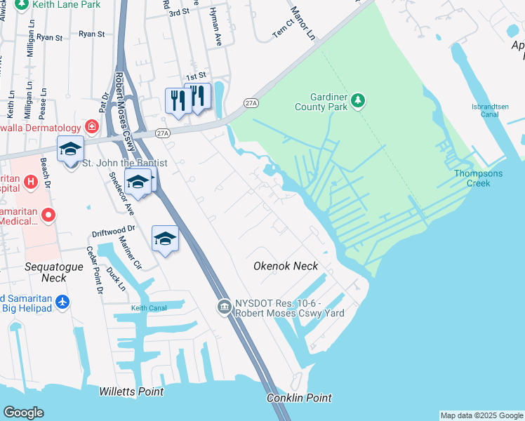 map of restaurants, bars, coffee shops, grocery stores, and more near 22 True Harbour Way in West Islip