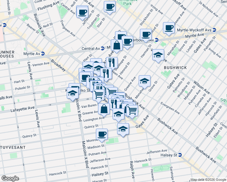 map of restaurants, bars, coffee shops, grocery stores, and more near in Brooklyn
