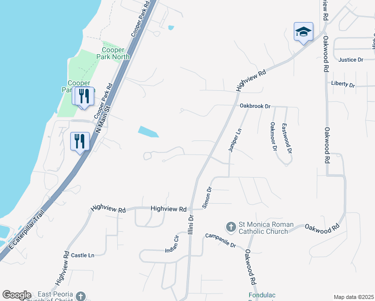 map of restaurants, bars, coffee shops, grocery stores, and more near 119 Avenue Notre Dame in East Peoria