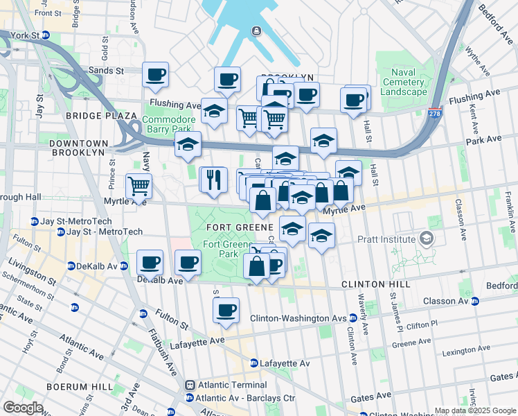 map of restaurants, bars, coffee shops, grocery stores, and more near Myrtle Avenue & Carlton Avenue in Brooklyn