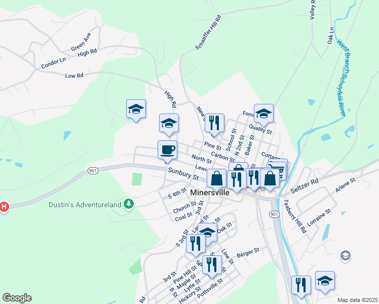 map of restaurants, bars, coffee shops, grocery stores, and more near 428 North Street in Minersville