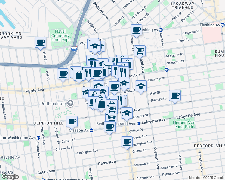 map of restaurants, bars, coffee shops, grocery stores, and more near 179 Franklin Avenue in Brooklyn