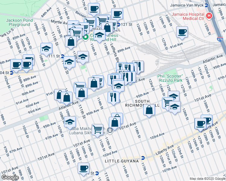 map of restaurants, bars, coffee shops, grocery stores, and more near 116-12 Atlantic Avenue in Queens
