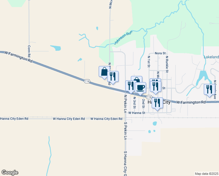 map of restaurants, bars, coffee shops, grocery stores, and more near 300 North McAllister Road in Hanna City
