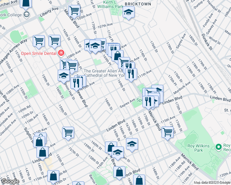 map of restaurants, bars, coffee shops, grocery stores, and more near 168-02 111th Avenue in Queens