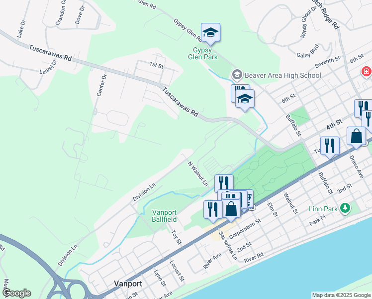 map of restaurants, bars, coffee shops, grocery stores, and more near 200 Division Lane in Beaver