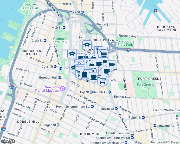 map of restaurants, bars, coffee shops, grocery stores, and more near 339 Bridge Street in Brooklyn