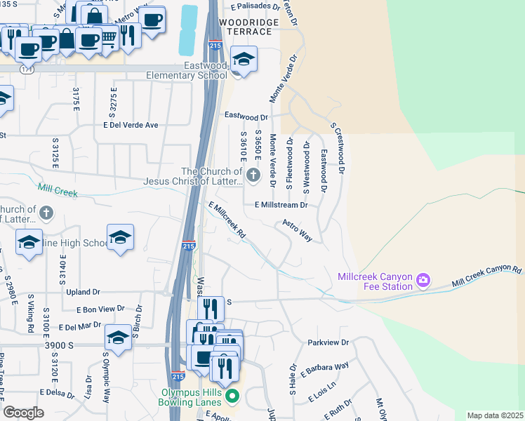 map of restaurants, bars, coffee shops, grocery stores, and more near 3660 East Millstream Drive in Salt Lake City
