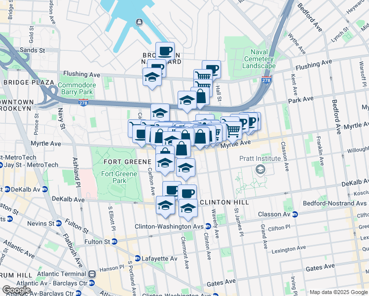 map of restaurants, bars, coffee shops, grocery stores, and more near 405 Myrtle Avenue in Brooklyn