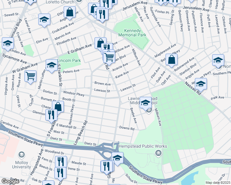 map of restaurants, bars, coffee shops, grocery stores, and more near 196 Lawson Street in Hempstead