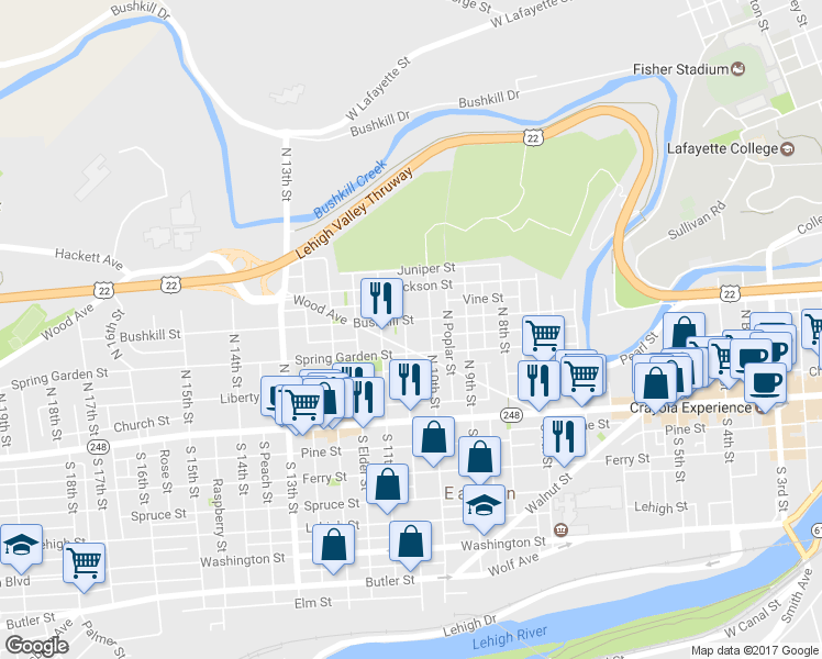 map of restaurants, bars, coffee shops, grocery stores, and more near 1014 Bushkill Street in Easton
