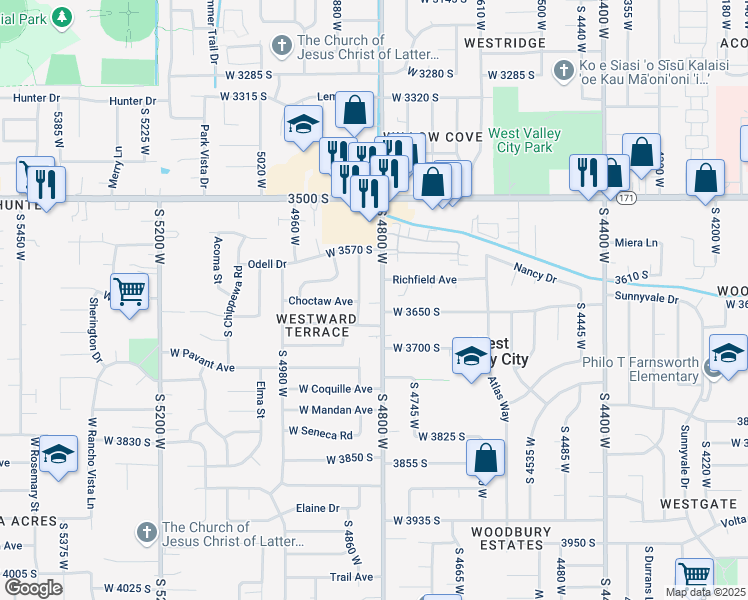 map of restaurants, bars, coffee shops, grocery stores, and more near 3636 South 4800 West in West Valley City