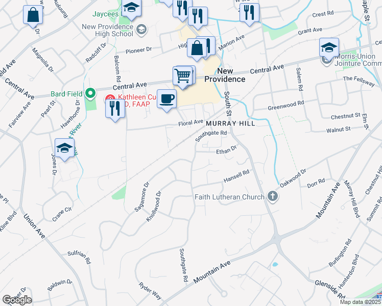 map of restaurants, bars, coffee shops, grocery stores, and more near 95 Southgate Road in New Providence
