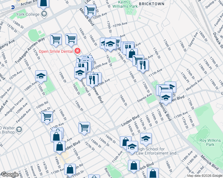 map of restaurants, bars, coffee shops, grocery stores, and more near 110-35 164th Place in Queens