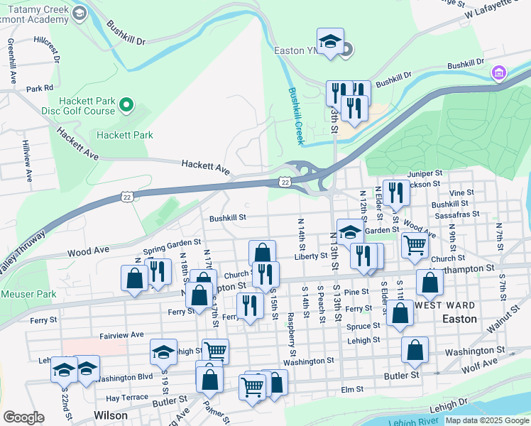 map of restaurants, bars, coffee shops, grocery stores, and more near 1501 Bushkill Street in Easton