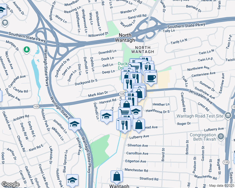map of restaurants, bars, coffee shops, grocery stores, and more near 3298 Cherrywood Drive in North Wantagh