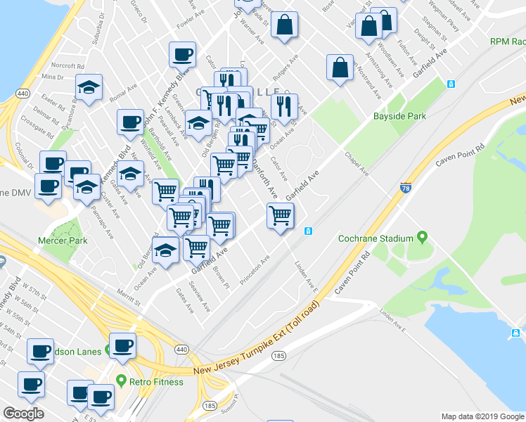 map of restaurants, bars, coffee shops, grocery stores, and more near 279 Garfield Avenue in Jersey City