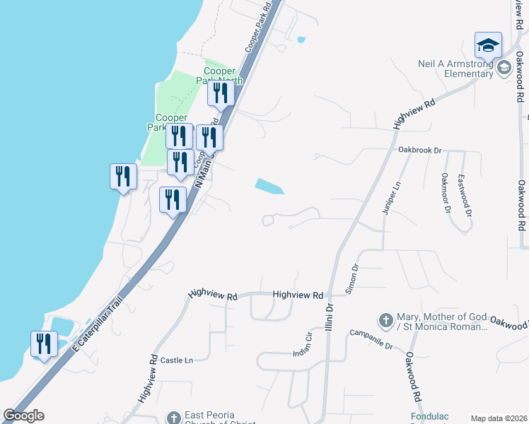 map of restaurants, bars, coffee shops, grocery stores, and more near 140 Star Rim Drive in East Peoria