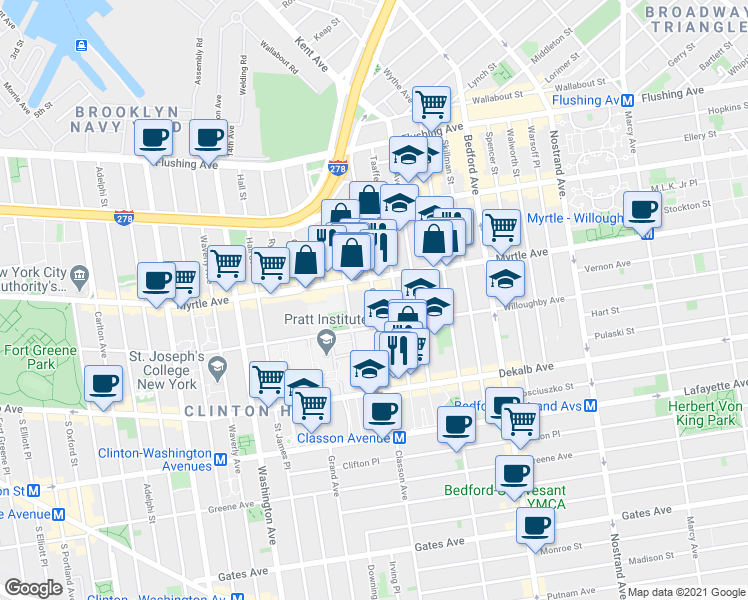 map of restaurants, bars, coffee shops, grocery stores, and more near 210 Classon Avenue in Brooklyn