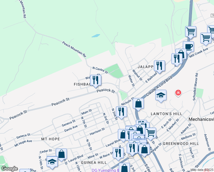 map of restaurants, bars, coffee shops, grocery stores, and more near 143 West Railroad Street in Pottsville