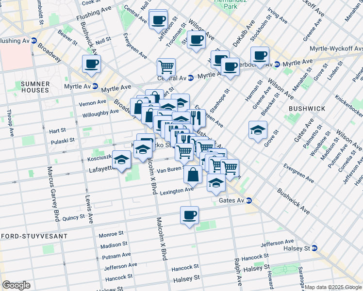 map of restaurants, bars, coffee shops, grocery stores, and more near 21 Kossuth Place in Brooklyn