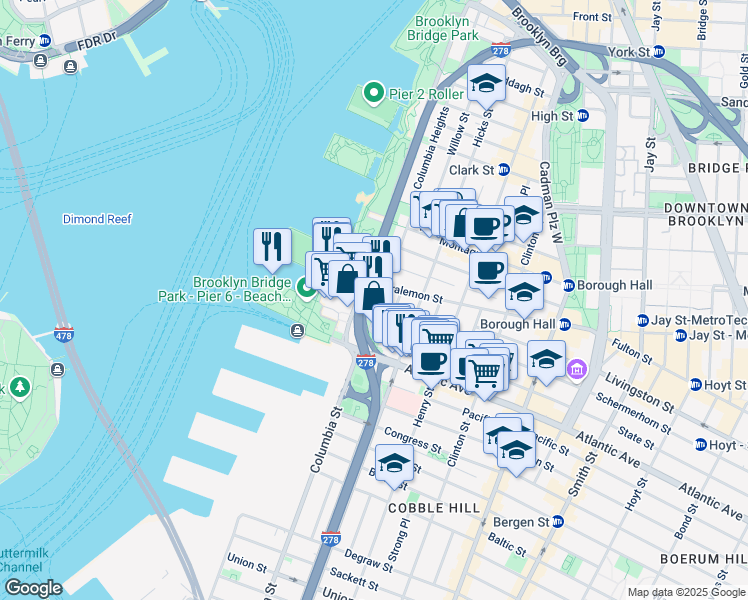 map of restaurants, bars, coffee shops, grocery stores, and more near 10 Columbia Place in Brooklyn