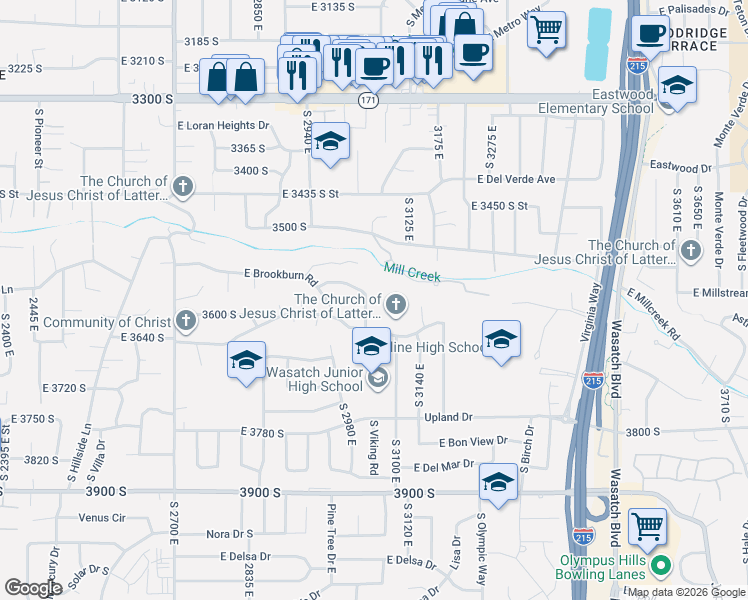 map of restaurants, bars, coffee shops, grocery stores, and more near 3582 Kempner Road South in Salt Lake City