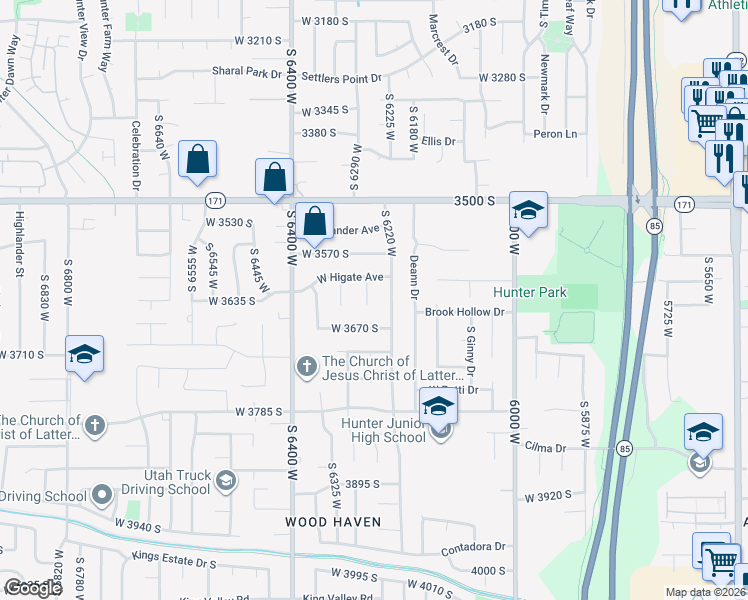 map of restaurants, bars, coffee shops, grocery stores, and more near 3626 South 6265 West in West Valley City