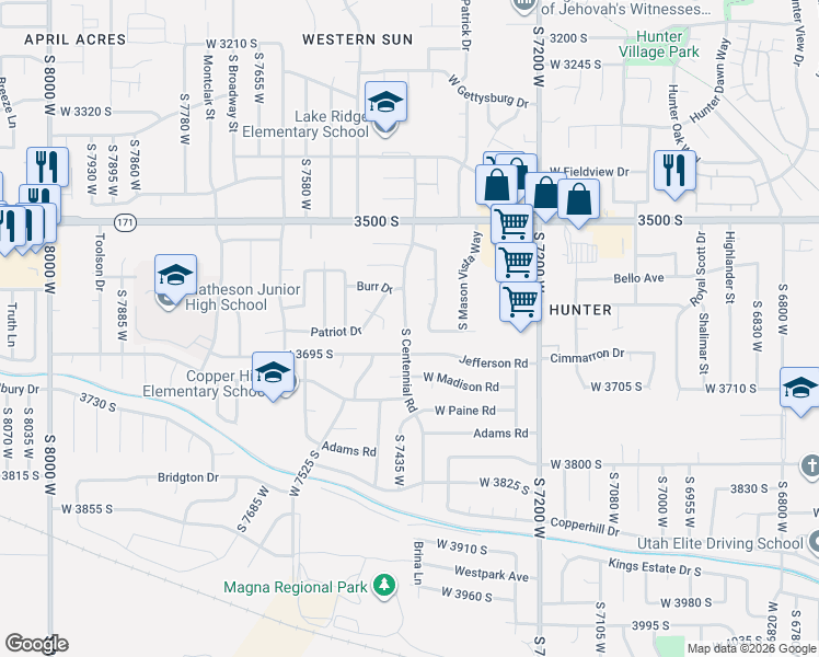 map of restaurants, bars, coffee shops, grocery stores, and more near 3633 South Centennial Road in Magna