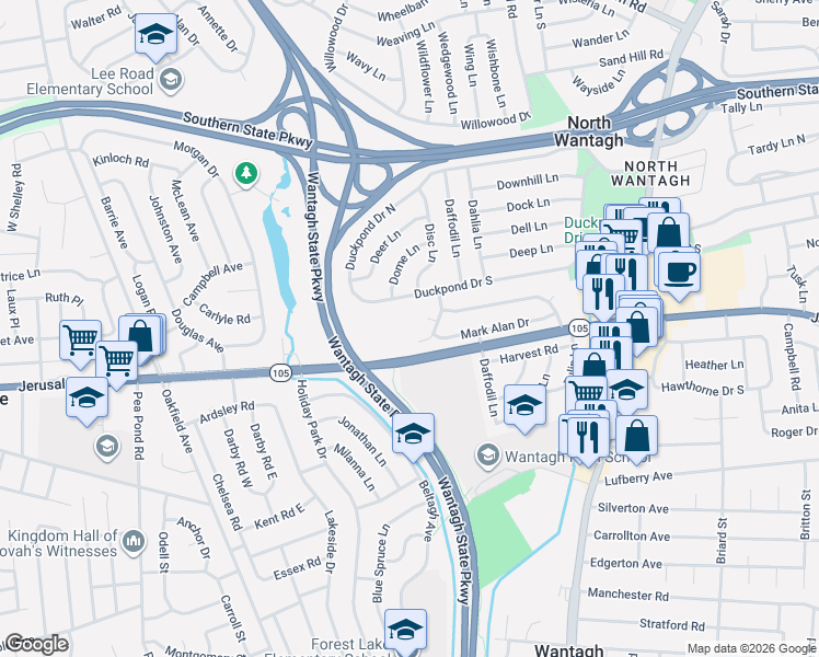 map of restaurants, bars, coffee shops, grocery stores, and more near 15 Stanford Court in Wantagh