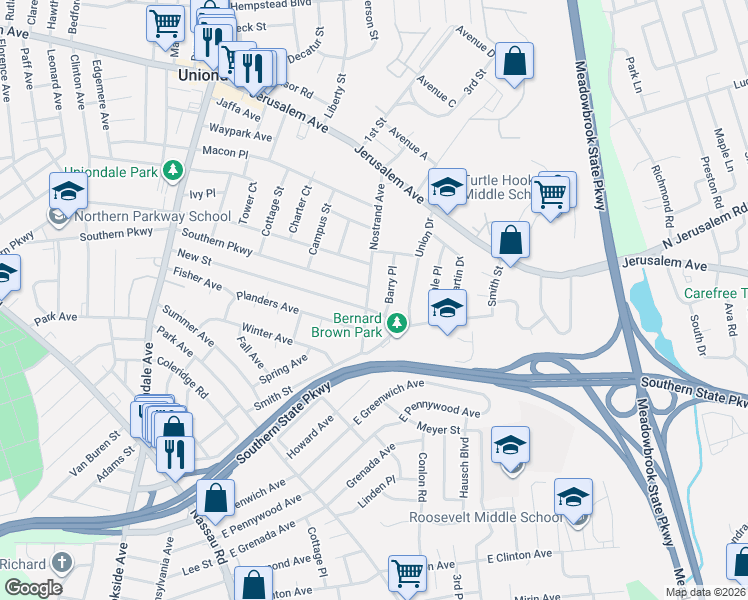 map of restaurants, bars, coffee shops, grocery stores, and more near 768 Nostrand Avenue in Uniondale
