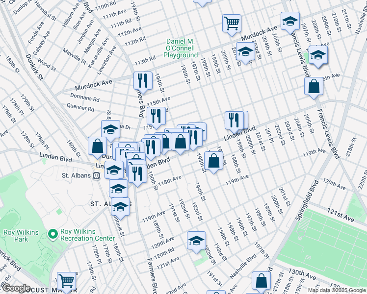 map of restaurants, bars, coffee shops, grocery stores, and more near 11637 194th Street in Queens