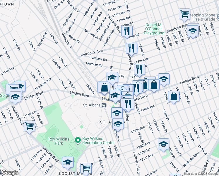 map of restaurants, bars, coffee shops, grocery stores, and more near 115-51 Dunkirk Street in Queens