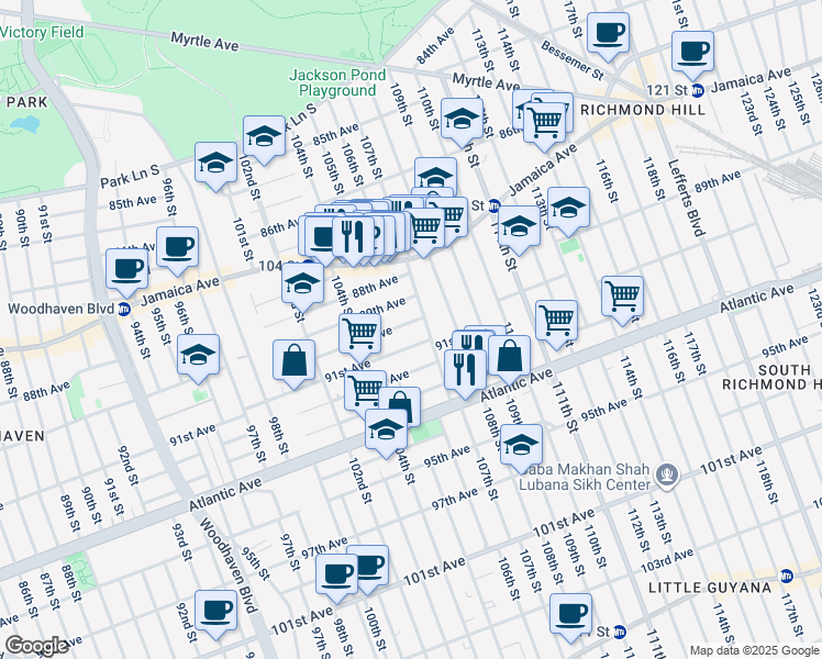 map of restaurants, bars, coffee shops, grocery stores, and more near 104-51 90th Avenue in Queens