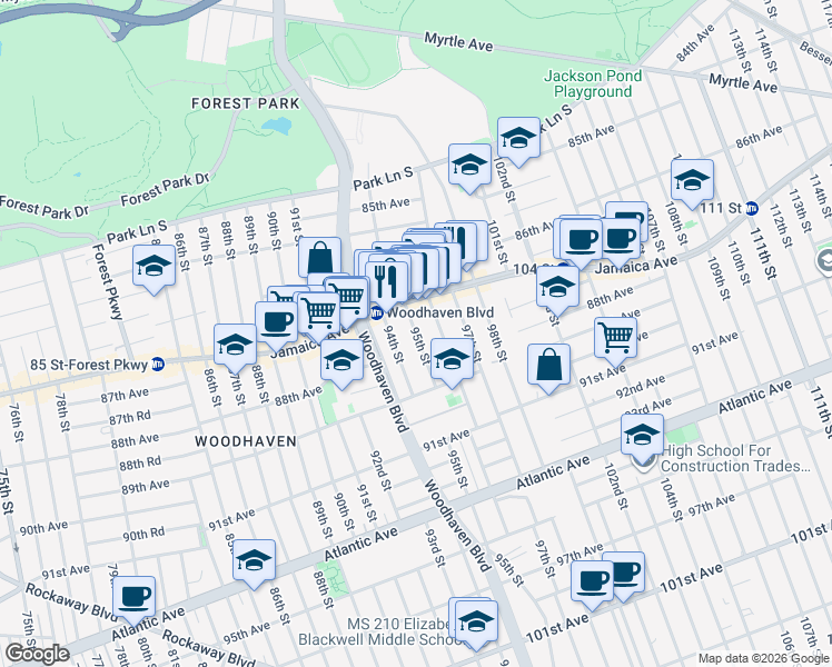 map of restaurants, bars, coffee shops, grocery stores, and more near 87-28 96th Street in Queens