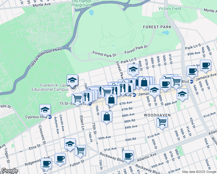 map of restaurants, bars, coffee shops, grocery stores, and more near 78-05 86th Avenue in Queens
