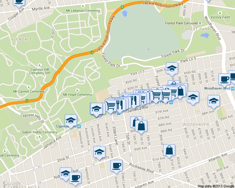 map of restaurants, bars, coffee shops, grocery stores, and more near 74-21 85th Drive in Queens