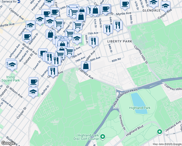 map of restaurants, bars, coffee shops, grocery stores, and more near 80-56 59th Street in Queens